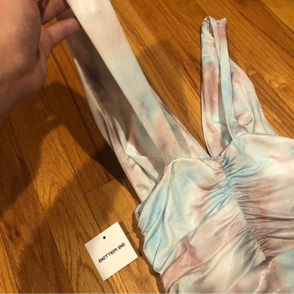 2 For $30 NWT Pastel Tie Dye Wet Look Ruched Iridescent Plunging Bodysuit - Picture 10 of 14